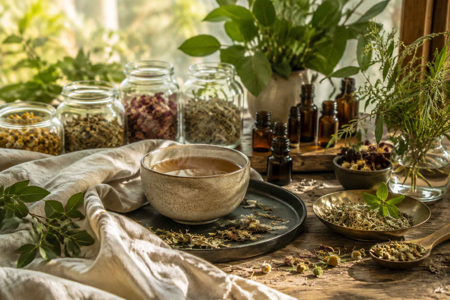 Herbs, tea, and botanical oils in warm natural light