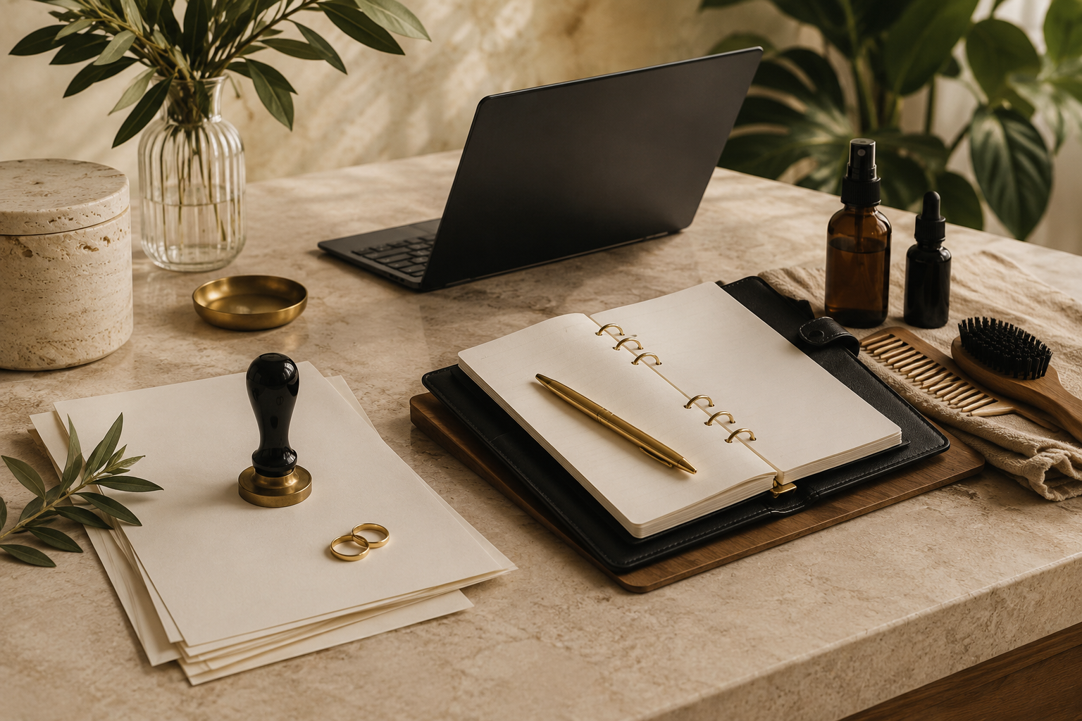Documents, wedding rings, planner, and natural hair tools